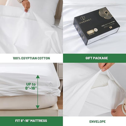 1000 Thread Count Egyptian Cotton Sheets Queen Size Set Sateen Weave Soft Breathable 16-Inch Deep Pocket 4PCS（Queen,White）