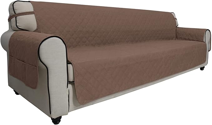 Easy-Going Sofa Slipcover Waterproof Sofa Cover Couch Cover for 4 Cushion Couch with Elastic Straps Washable Non-Slip Furniture Protector Cover for Pets, Dogs, Cat (XX-Large, Brown)