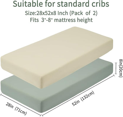 Baby Crib Sheets for Boys Girls, 2 Pack Fitted Crib Sheet for Standard Crib and Toddler Mattress, Soft Microfiber Baby Sheet 52x28x8in (Brown & Green)