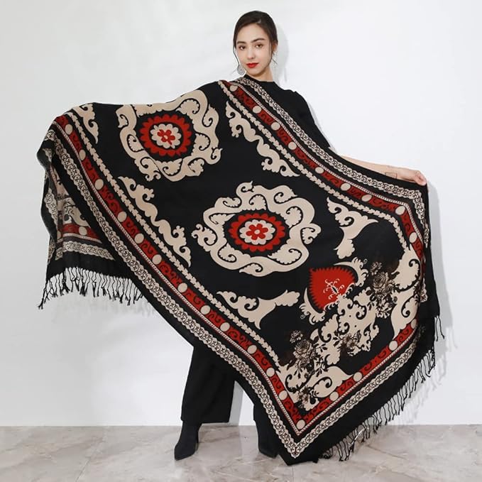 DANA XU 100% Merino Wool Pashmina Shawl for Women 96"x43", Oversized Cashmere Wrap with Tassels, Floral Travel Blanket Cape