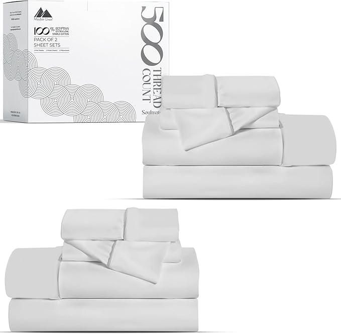 Mayfair Linen 100% Egyptian Cotton 2 Pack Twin XL Sheet Set - 500 Thread Count Cotton Sheets Twin XL Size (6 PC, Silver Grey), Soft, Cooling, Sateen Weave, 16" Deep Pocket College Dorm Room Bed Sheet