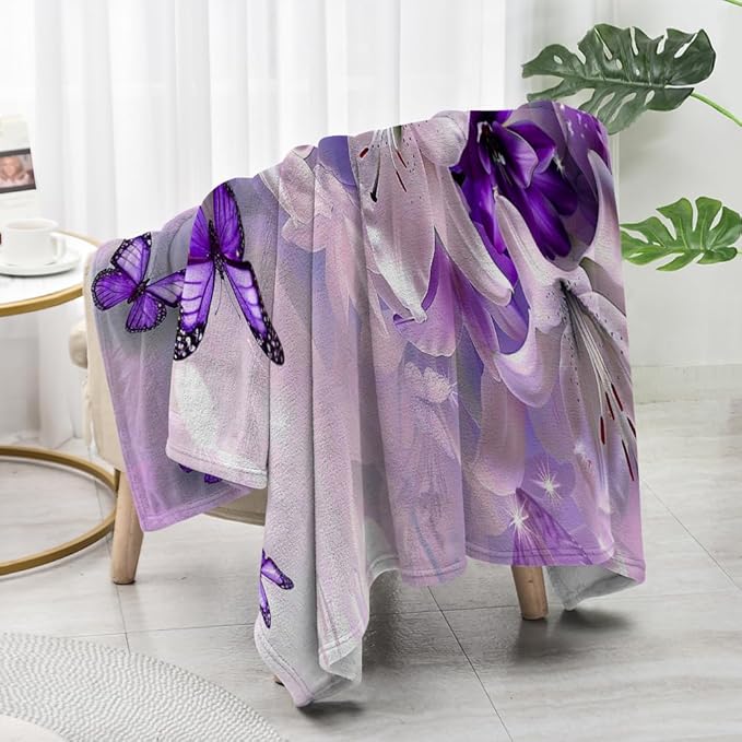Purple Butterfly Flower Throw Blanekts Butterfly Blankets Soft Lightweight Cozy for Bed Couch Sofa Birthday Gifts Women Gifts for Her Anniversary Valentines Mothers Day Flower Gifts 40"x50"