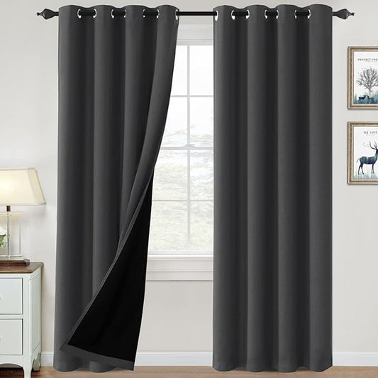 H.VERSAILTEX 100% Blackout Curtains for Bedroom Thermal Insulated Blackout Curtains 84 inch Length Full Light Blocking Curtains for Living Room with Black Liner 2 Panels Set, Charcoal Gray