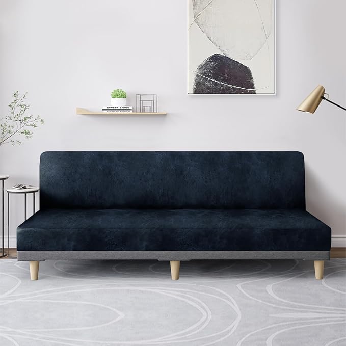 molasofa Leather Like Stretch Futon Slipcover Armless Futon Bed Sofa Cover Furniture Protector with Elastic Bottom, Soft and Washable Futon Cover for Sofa Bed Stay in Place（X Larger, Navy Blue）