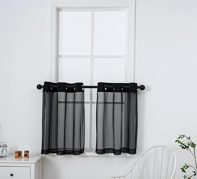 PI Black Sheer Tier Curtains 30 Inches Length with Grommet,Short Light Voile Half Window Curtain for Kitchen/Bathroom/Farmhouse/Basement 2 Panels (Black,W42XL30)