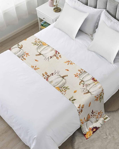 Thanksgiving Pumpkin Fall Maple Leaf Watercolor Bed Runners for Bedroom Hotel,Decorative Bedding Scarf Retro Linen Bed End Blanket Bedding Runner Scarves for California King Size Beds,102x20in