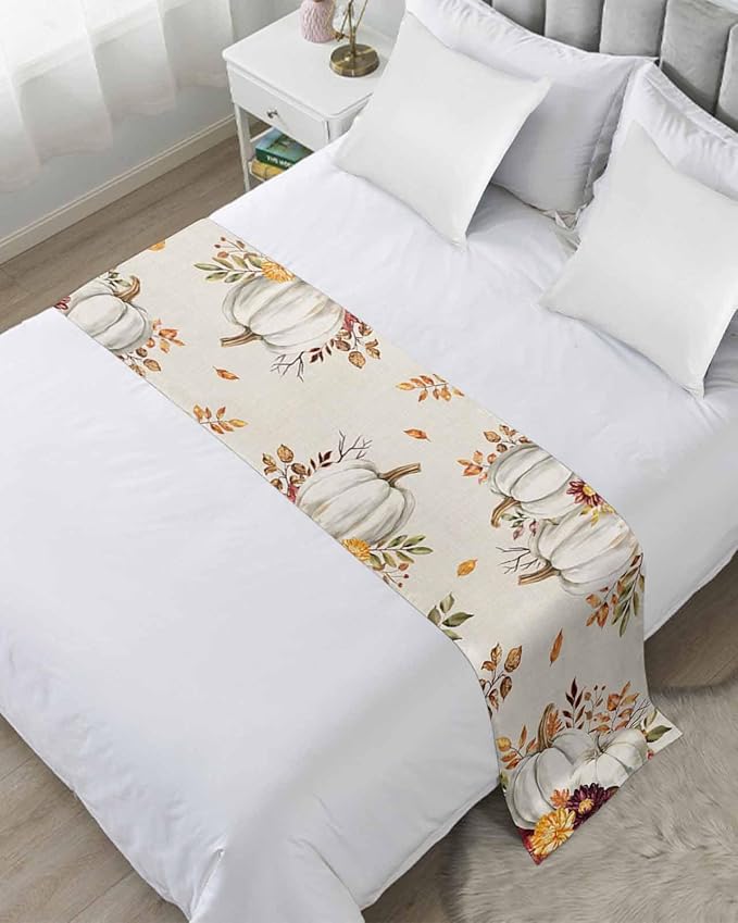 Thanksgiving Pumpkin Fall Maple Leaf Watercolor Bed Runners for Bedroom Hotel,Decorative Bedding Scarf Retro Linen Bed End Blanket Bedding Runner Scarves for Twin Size Beds,71x20in
