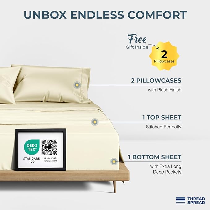 THREAD SPREAD 100% Egyptian Cotton Sheets Queen Size - 1500 Thread Count 4 PC Queen Sheet Set Egyptian Cotton, Sateen Weave Luxury Sheets Queen Size, High Thread Count Sheets, 17" Deep Pocket - Ivory