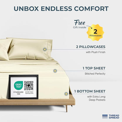 THREAD SPREAD 100% Egyptian Cotton Sheets Queen Size - 1500 Thread Count 4 PC Queen Sheet Set Egyptian Cotton, Sateen Weave Luxury Sheets Queen Size, High Thread Count Sheets, 17" Deep Pocket - Ivory