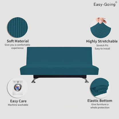 Easy-Going Stretch Futon Slipcover Armless Futon Bed Cover Furniture Protector Without Armrests with Elastic Bottom for Kids, Soft Jacquard Fabric Small Checks (Large, Peacock Blue)
