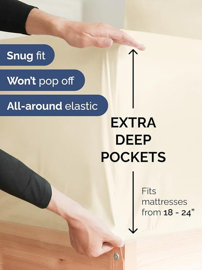 Extra Deep Twin Fitted Sheet - Hotel Luxury Single Fitted Sheet Only - Easily Fits 18 inch to 24 inch Mattress - Ultra Soft, Wrinkle & Fade Free w/Extra Deep Pockets - Breathable & Comfy - Off White