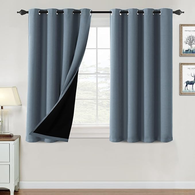 H.VERSAILTEX 100% Blackout Curtains for Bedroom Thermal Insulated Blackout Curtains 45 inch Long Heat and Full Light Blocking Window Drapes for Living Room with Black Liner 2 Panels, Stone Blue