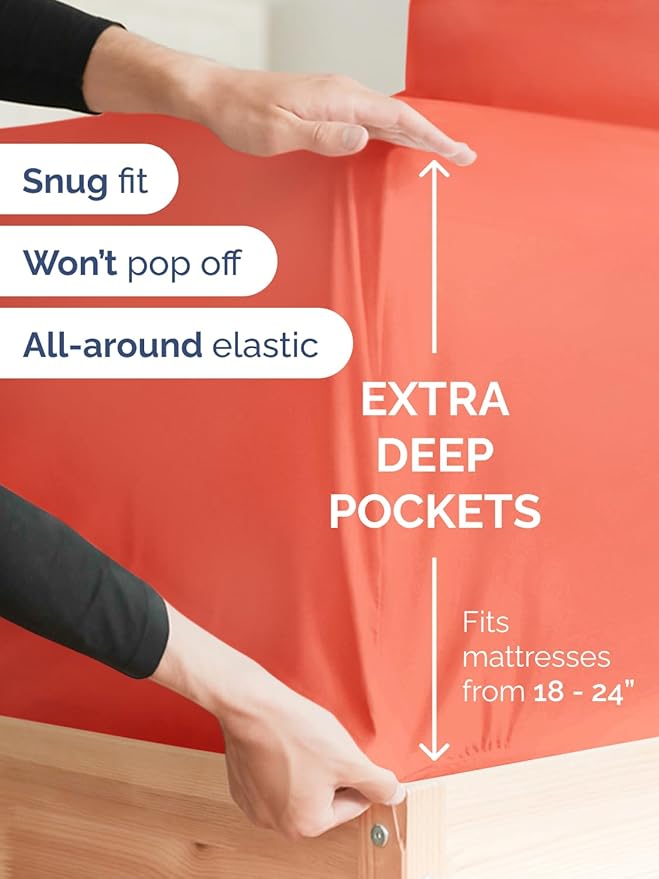 Extra Deep Cal King Fitted Sheet - Hotel Luxury Single Fitted Sheet Only - Easily Fits 18 inch to 24 inch Mattress - Ultra Soft, Wrinkle & Fade Free w/Extra Deep Pockets - Breathable & Comfy - Coral