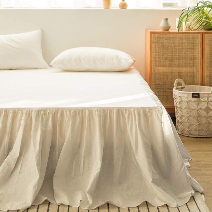 Simple&Opulence Belgian Linen Bed Skirt with Classic 14 inch Tailored Drop Dust Ruffle, Easy Fit Breathable Premium Natural Flax- Pleated White, King