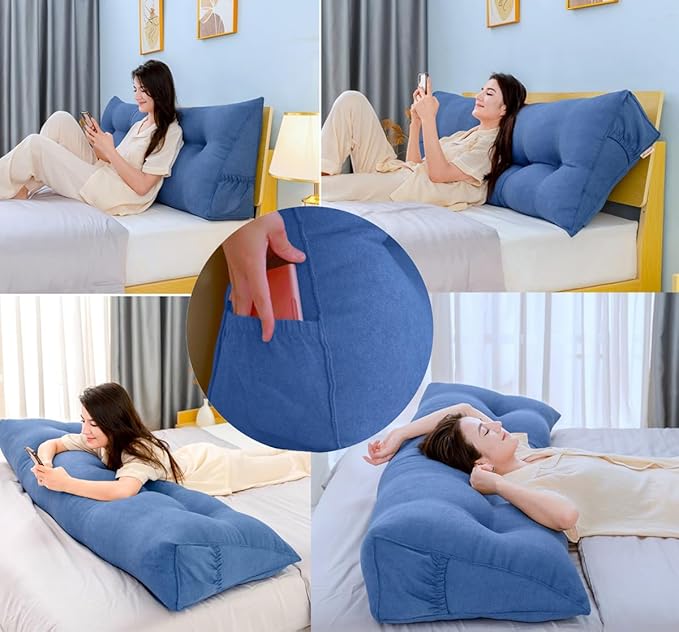 Triangular Reading Bed Rest Pillow Large Bolster Cushion Headboard Backrest Wedge Pillow with Removable Cover and Two Large Side Pockets (Green, California King: 71 x 8 x 20 inches)
