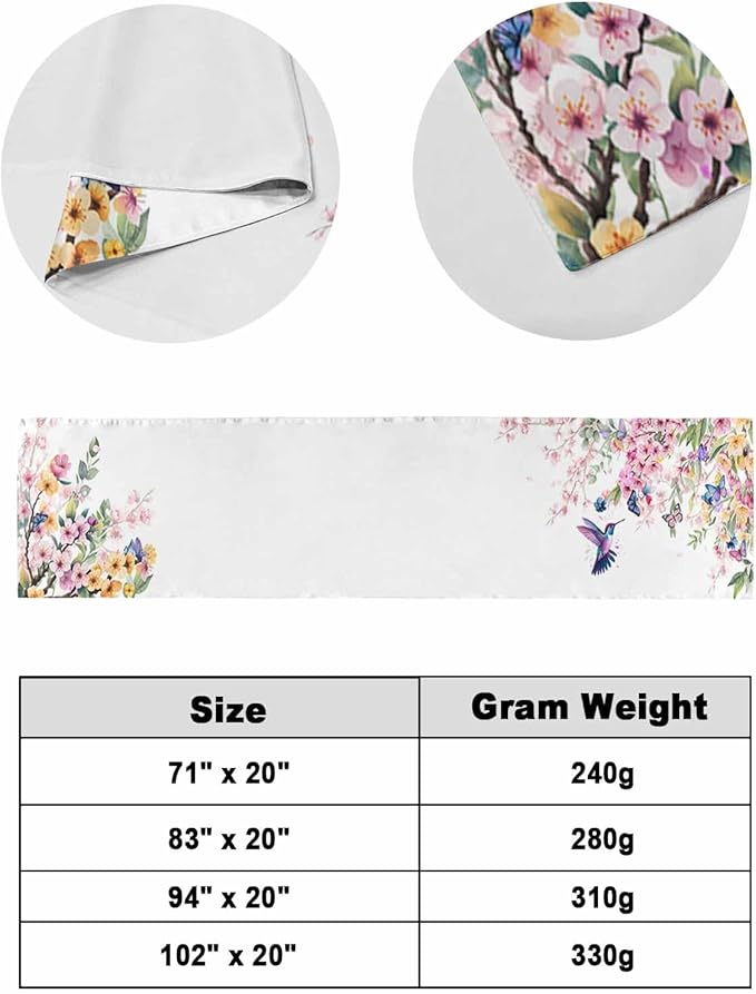 Blossom Floral Hummingbird Bed Runners for Bedroom Hotel,Decorative Bedding Scarf Butterfly Blossom Flower Plant Bed End Blanket Bedding Runner Scarves for Queen Size Bed,94x20in