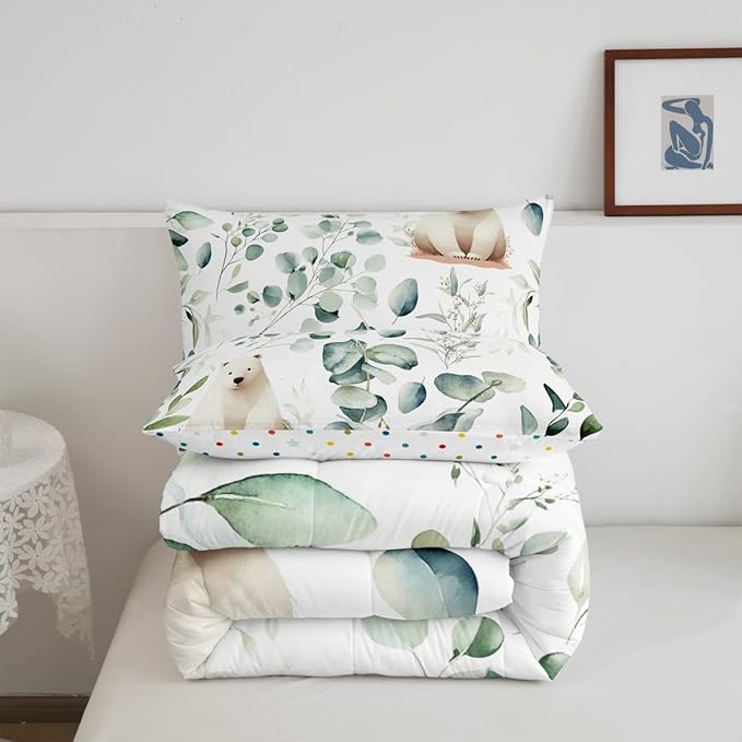 Erosebridal Boys Cartoon Animal Bedding Full Size for Kids Toddler Kawaii Polar Bear Comforter Set Full, Arctic Wildlife Duvet Insert White Green Quilt Comforter, Eucalyptus Bedding Comforters & Sets