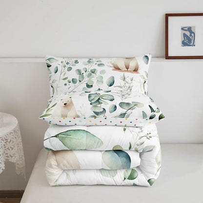 Erosebridal Boys Cartoon Animal Bedding Full Size for Kids Toddler Kawaii Polar Bear Comforter Set Full, Arctic Wildlife Duvet Insert White Green Quilt Comforter, Eucalyptus Bedding Comforters & Sets