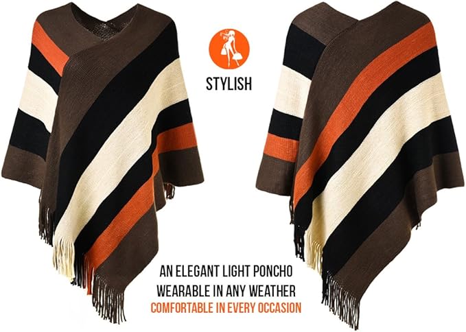 Ferand Women's Striped Poncho Sweater Cozy Knit Fringe Shawl Wraps for Fall Winter