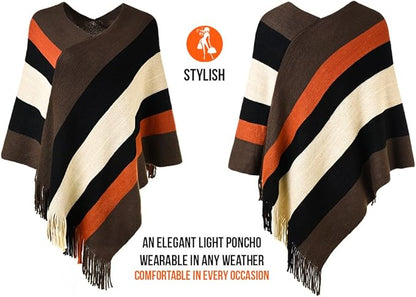Ferand Women's Striped Poncho Sweater Cozy Knit Fringe Shawl Wraps for Fall Winter