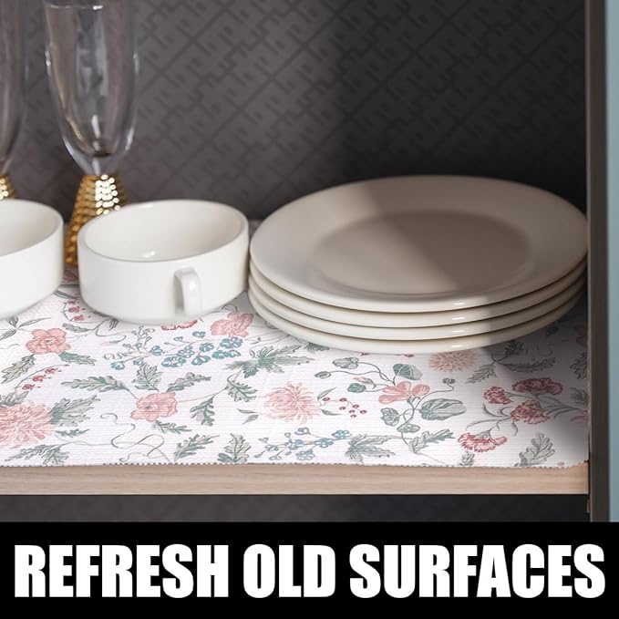 Floral Drawer and Shelf Liner for Cabinets, Non-Adhesive and Strong Non-Slip Shelf Cabinet Drawer Liners for Kitchen, Table,Bookshelves,Waterproof Cupboard Liners,Easy to Clean,12IN x 10FT