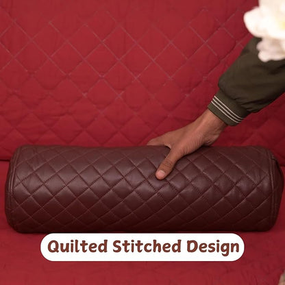 Neck Roll Pillow Cushion Cover, 22x6 Inch Full Moon Round Bolster Pillow Case, Cylinder Soft Lambskin Leather Pillowcase for Head, Spine & Neck Support During Sleep - Quilted Dark Brown Pack of 1