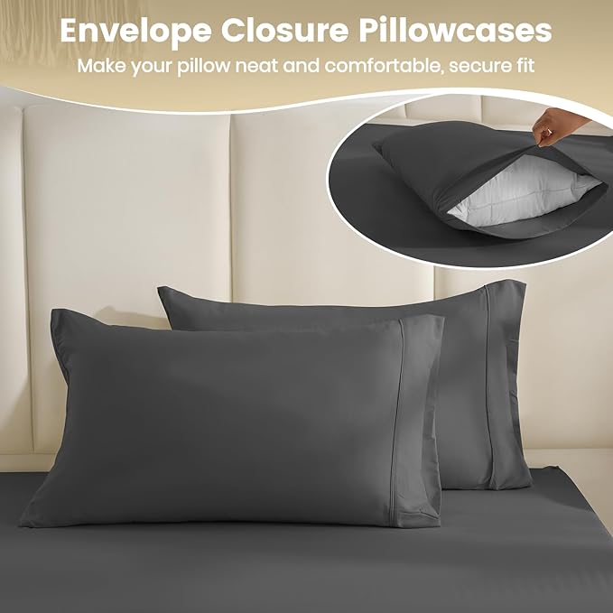 Full Sheet Set - Hotel Luxury 4 Piece Breathable Cooling Full Size Sheet Sets,Fits 16" Deep Pocket Mattress, Easy Care Wrinkle Free Bedding Sheet and Pillowcase Bed Sheet Set, Dark Gray