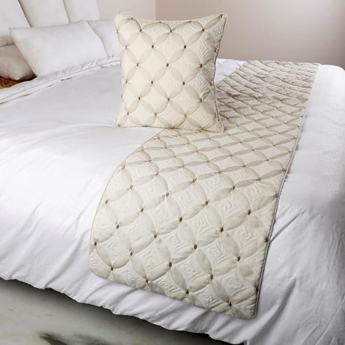 The HomeCentric King Queen Twin Ivory Bed Runner Without Pillow Cover, CA King Size 86"x18" Bed Runner Without Pillow Cover, Linen Quilted & Embroidery, Modern Contemporary - Tender Love