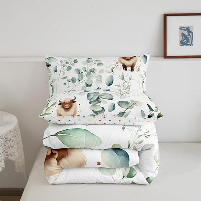 Erosebridal Boys Cartoon Animal Queen Bedding Sets for Kids Toddler Kawaii Cow Comforter Set, Highland Cattle Bull Down Comforter Western Cowboy Bedding Comforter Sets, Green Eucalyptus Duvet Insert