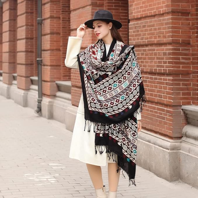 DANA XU 100% Merino Wool Extra Large Pashmina Blanket Travel Scarf Cashmere Wrap for Women Fall Winter Oversize Shawl Floral