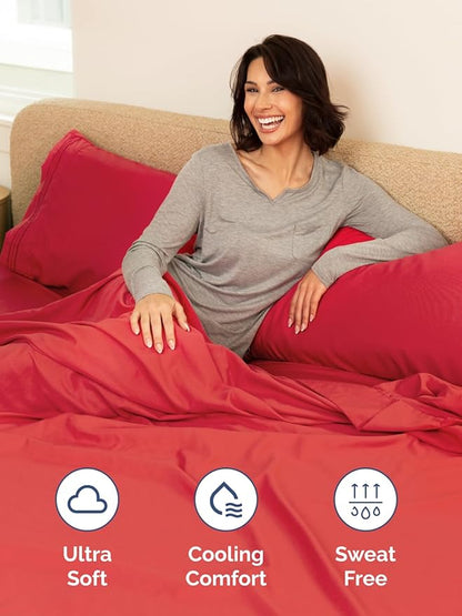 Extra Deep Twin XL Fitted Sheet - Hotel Luxury Single Fitted Sheet Only - Easily Fits 18 inch to 24 inch Mattress - Ultra Soft, Wrinkle Free w/Extra Deep Pockets - Easy-Care, Breathable & Comfy - Red