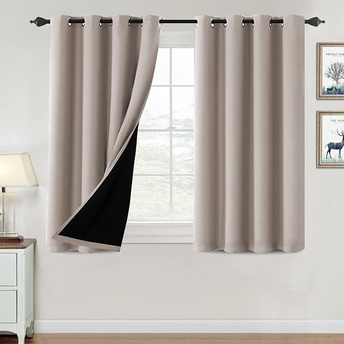 H.VERSAILTEX 100% Blackout Curtains for Bedroom Thermal Insulated Blackout Curtains 45 inch Length Heat and Full Light Blocking Curtains for Living Room with Black Liner 2 Panels Set, Natural Sand