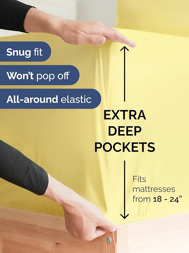 Extra Deep Queen Fitted Sheet - Hotel Luxury Single Fitted Sheet Only - Easily Fits 18 inch to 24 inch Mattress - Ultra Soft, Wrinkle Free w/Extra Deep Pocket - Easy-Care, Breathable & Comfy - Yellow