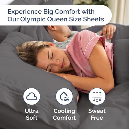 Olympic Queen Sheet Set 66x80 - 4 Piece RV Olympic Queen Size Sheets - Soft, Breathable & Cooling - Fits 14” to 16" Mattress w/ Deep Pockets - Comfy Luxury Bedding - Fade & Wrinkle Free - Dark Grey