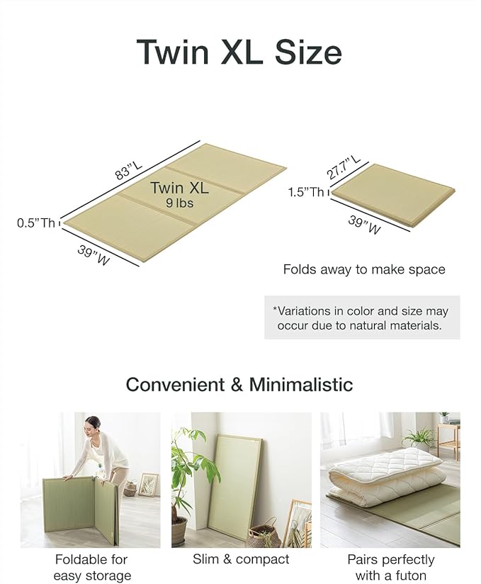 FULI Japanese Tatami Mattress, Tatami Rug, Igusa Mat (Japanese Rush Grass) Folds in Three, Made in Japan (Natural, Twin XL)