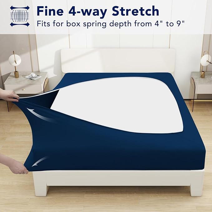 PureFit Stretchy Box Spring Cover King - Elastic Fitted Box Spring Wrap Around 4 Sides, Wrinkle & Fading Resistant Fits King and C-King Size Beds, Navy