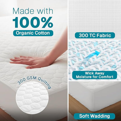 FABDREAMS Organic Quilted Mattress Protector | Mattress Pad| Queen Mattress Cover| Naturally Breathable | Noiseless| Fits up to 17" Deep Pocket| Temperature Regulating | Queen | White