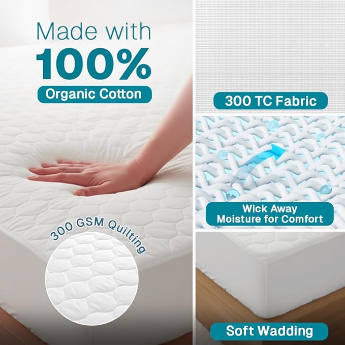 FABDREAMS Organic Quilted Mattress Protector Full Size | Mattress Pad| Mattress Cover| Naturally Breathable | Noiseless| Fits up to 17" Deep Pockets| Temperature Regulating | Full | White
