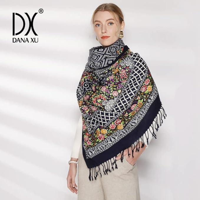 DANA XU 100% Merino Wool Pashmina Shawl for Women 96"x43", Oversized Cashmere Wrap with Tassels, Floral Travel Blanket Cape