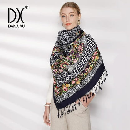 DANA XU 100% Merino Wool Pashmina Shawl for Women 96"x43", Oversized Cashmere Wrap with Tassels, Floral Travel Blanket Cape