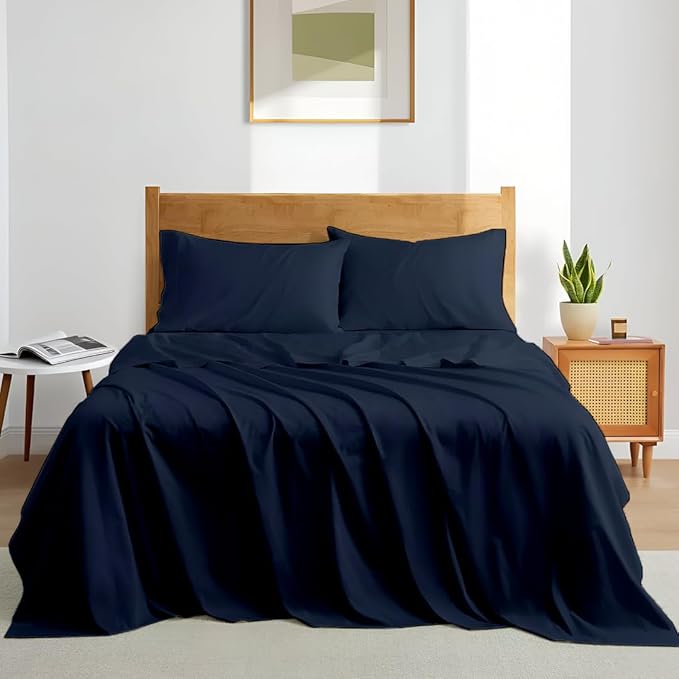 Queen Sheet Set - Luxury 338 Thread Count Sateen, 100% Egyptian Cotton Deep Pocket Queen Sheets with All Around Elastic for a, Hotel Quality Bedding Set (Navy Blue Solid)