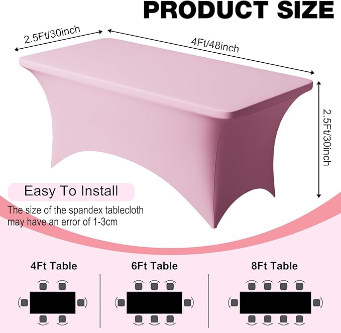Trlyc 1 Pack 4FT Spandex Table Cloth - 48 x 30 Inch Rectangular Stretch Tablecloth, Wrinkle Resistant Scretch Table Cover for Wedding, Party, Banquet, Picnic, Outdoor Decoration (1Pcs,Pink)