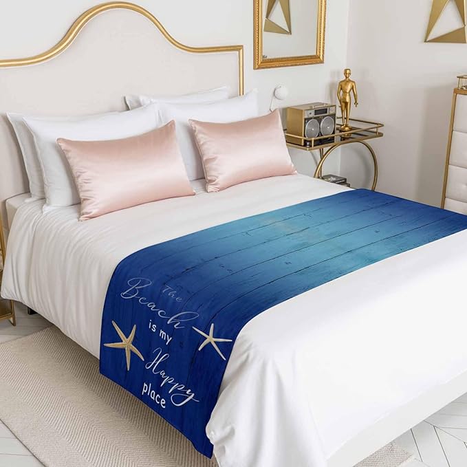 Happy Beach Place Marine Starfish Bed Runner for Bedroom Hotel, Decorative Bedding Scarf Gradient Blue Wood Grain End Blanket Runner for California King Size, 102x20in