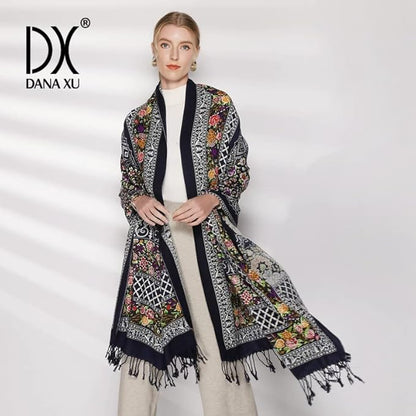 DANA XU 100% Merino Wool Pashmina Shawl for Women 96"x43", Oversized Cashmere Wrap with Tassels, Floral Travel Blanket Cape
