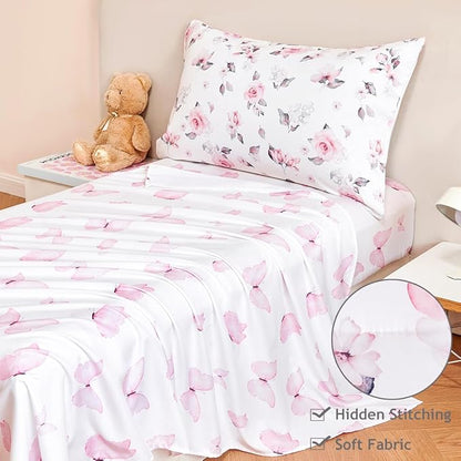 PERFEMET Floral Toddler Bedding 4-Piece Pink Flower Toddler Girls Comforter with Sheet Set Reversible Butterfly Kid Bed Sets-Comforter, Fitted Sheet,Flat Sheet,Pillowcase