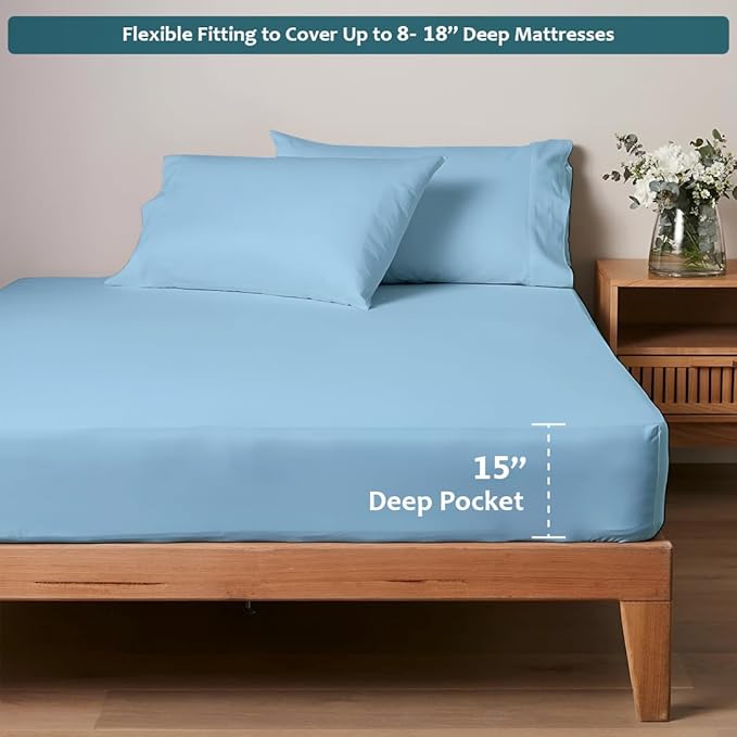 California King Sheet Set - Luxury 338 Thread Count 100% Egyptian Cotton Sateen, Deep Pocket Sheets with All Around Elastic for a, Hotel Quality Bedding Set (Light Blue Solid)