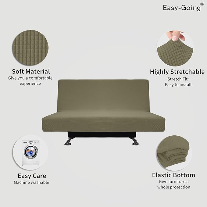 Easy-Going Stretch Futon Slipcover Armless Futon Bed Cover Furniture Protector Without Armrests with Elastic Bottom for Kids, Soft Jacquard Fabric Small Checks (Medium, Khaki)