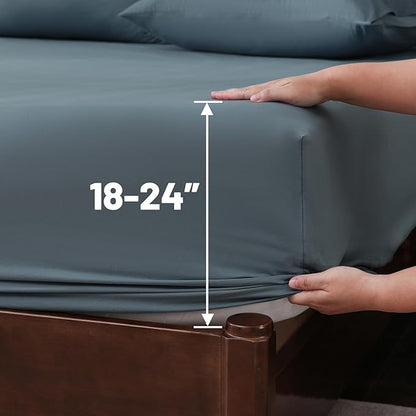 Extra Deep Pocket Queen Sheets 18-24 Inch 100% Egyptian Cotton 1000 Thread Count Sateen Weave Soft Breathable 4 Pieces（Queen,Lake Blue）