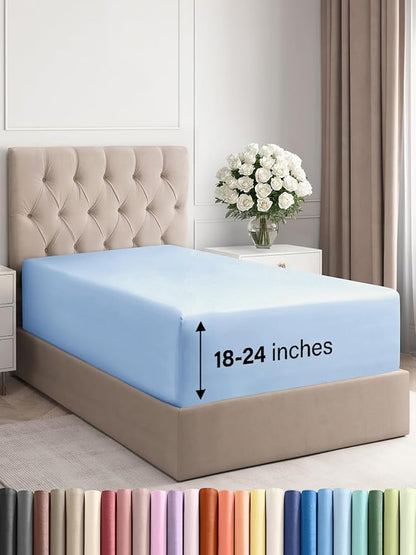 Extra Deep Twin XL Fitted Sheet - Hotel Luxury Single Fitted Sheet Only - Easily Fits 18 inch to 24 inch Mattress - Ultra Soft, Wrinkle Free with Extra Deep Pockets - Breathable & Comfy - Light Blue