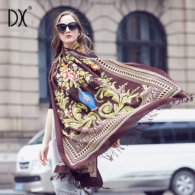 DANA XU 100% Merino Wool Pashmina Shawl for Women 96"x43", Oversized Cashmere Wrap with Tassels, Floral Travel Blanket Cape
